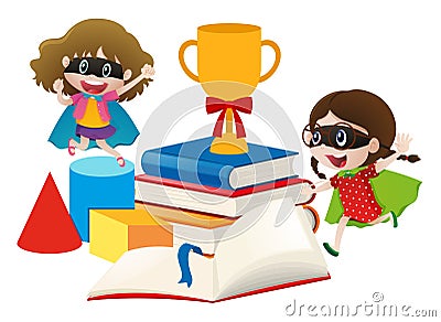 Two girls in hero costume with books Vector Illustration