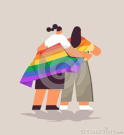 two girls holding lgbt rainbow flag gay lesbian love parade pride festival transgender love concept full length Vector Illustration
