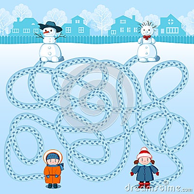 Two girls make two snowmen. Find whose is where? Children`s picture with a riddle Vector Illustration