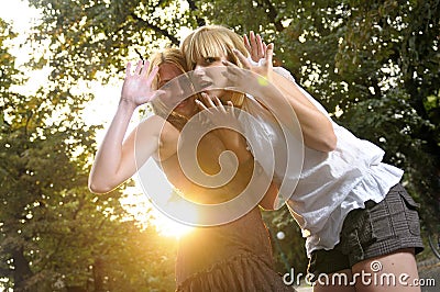 Two girls outside ready for party Stock Photo