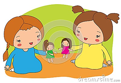 Two girls play dolls Vector Illustration