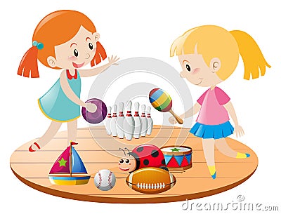 Two girls playing with toys Vector Illustration