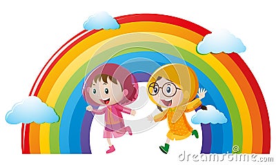 Two girls in raincoat running with rainbow in background Vector Illustration