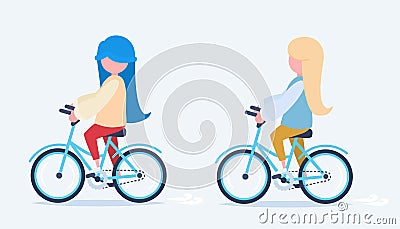 Two girls riding bicycles Vector Illustration