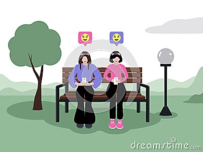 Two girls send each other emoticons with poker face Vector Illustration