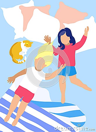 Two Girls, Sisters Sleeping Together Flat Cartoon Vector Illustration