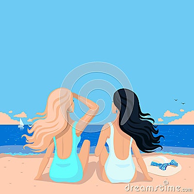 Two girls are sitting on the beach in swimsuits and looking at the sea Vector Illustration