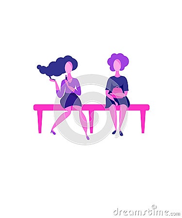 Two girls sitting on a bench Vector Illustration