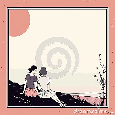 two girls sitting on a rock with the sun in the background Stock Photo