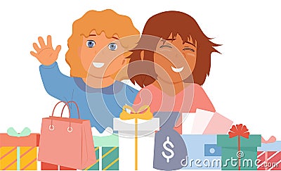 Two girls smile, holiday, birthday or new year gifts. Vector Illustration