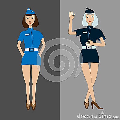Two girls stewardess in light and dark blue uniform with different gestures as isolated cartoon characters Vector Illustration