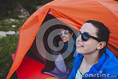 Two girls in a tent. Stock Photo