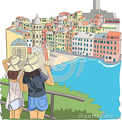 Two girls tourists look at the village Vernazza. Vector Illustration