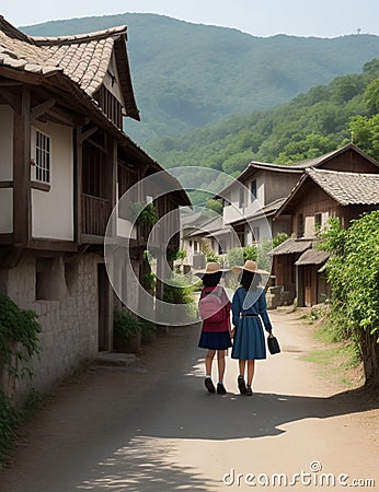Two girls travelling in rural village Cartoon Illustration