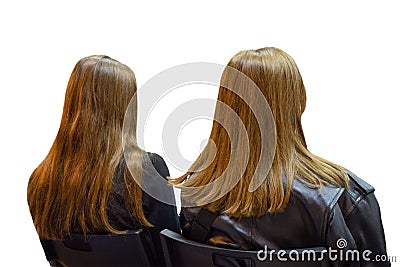 Two girls twins in auditory during presentation or seminar. Isolated background. Teenagers or young women at university lecture or Stock Photo