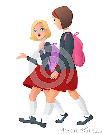 Two girls in uniform on the way to school. Vector illustration. Vector Illustration