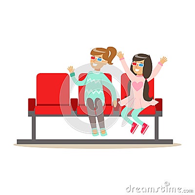 Two Girls Waiting Taking Seats In Cinema Room, Part Of Happy People In Movie Theatre Series Vector Illustration