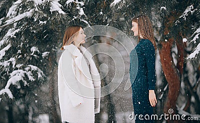 Two girls walk in winter snowy forest during snowfall Stock Photo