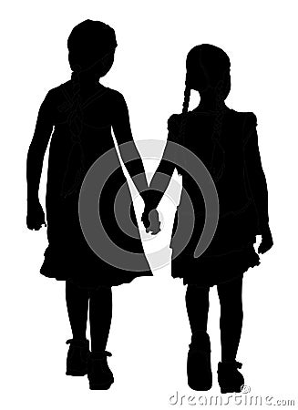 Two girls walking and holding hands silhouette. Cartoon Illustration