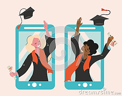 Two girls were educated in an online format, graduation. Vector Illustration