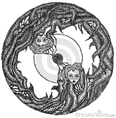 Two girs in circle Cartoon Illustration