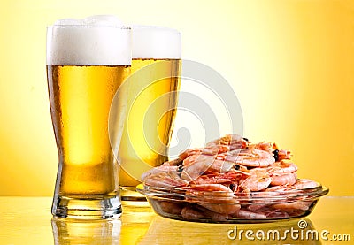 Two glass of beer and cooked shrimp Stock Photo