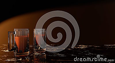 Two glass of beer on a dark glass table on black background with gradient. Liquors and beverages. Illustration 3d Stock Photo