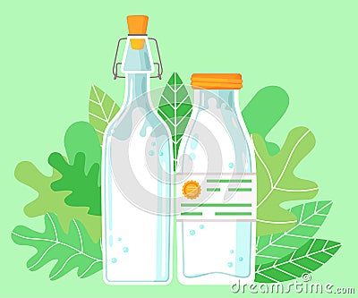 Two glass bottles with milk, organic natural product, high quality, pasteurized, free dairy Vector Illustration