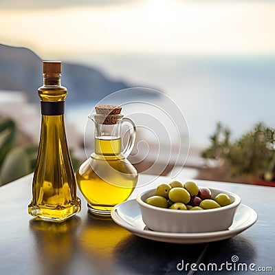 Two glass bottles of olive oil and a bowl of olives on a table over seaview landscape, copy space. Greek olive oil in glass bottle Stock Photo