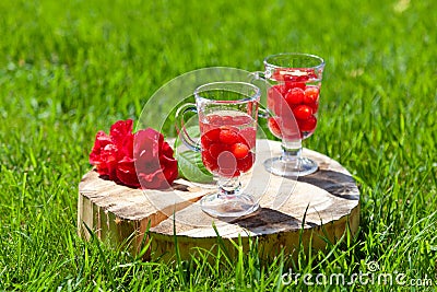 Two glass glasses with cherry and water stand on a wooden stand with a crack and a flower on a green lawn Stock Photo