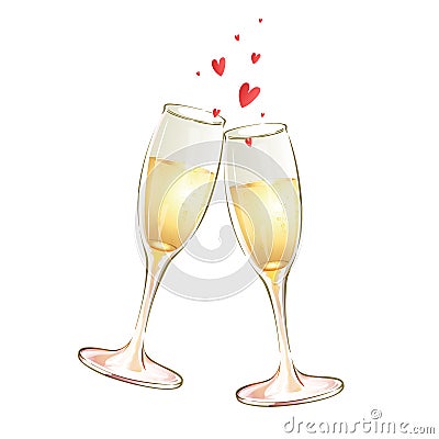 Two glass goblets with white wine and hearts. Vector Illustration