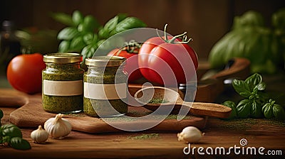 Two Glass Jars with Green Pesto with Ingredients on Healthy Kitchen Food Image. Stock Photo