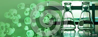 Two glass science flask in green biotechnology laboratory with chemical molecular structure banner background Stock Photo