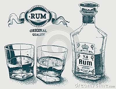 Two glasses of alcohol, bottle and rum logotype Vector Illustration