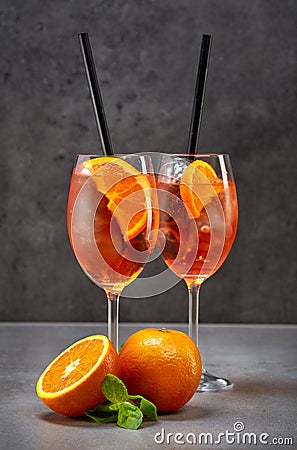 Two glasses of aperol spritz cocktail Stock Photo