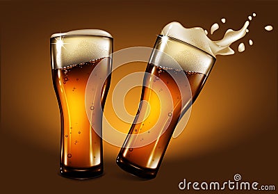 Two glasses of beer with foam and a splash effect. Highly realistic illustration with the effect of transparency. Vector Illustration