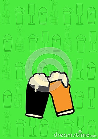 Two glasses of beer making toast on green drink patterned background Stock Photo