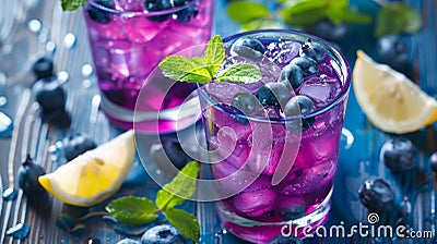 Two Glasses of Blueberry Lemonade on a Table Stock Photo