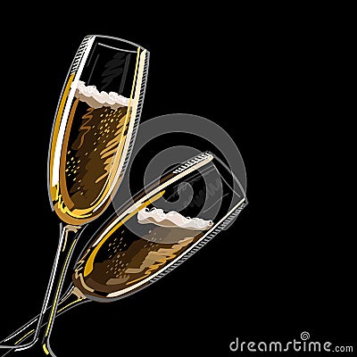 Two glasses with champagne on a black background, illustration. Cartoon Illustration