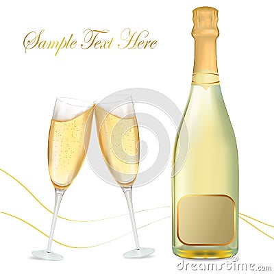 Two glasses of champagne and bottel. Vector Illustration