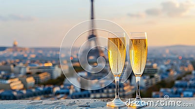 two glasses of champagne at rooftop restaurant with view of Eiffel Tower and Paris skyline Stock Photo