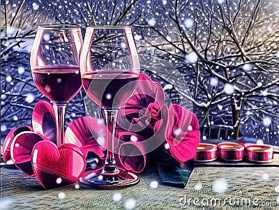 Two glasses of champagne on the table.Beautiful Pictures of red wine with flowers. Red wine for the romance of couples. Stock Photo