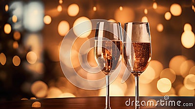 Two glasses of champagne toasting in the nigh with lights bokeh, glitter and sparks on the background Stock Photo