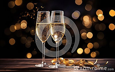 Two glasses of champagne with warm gold bokeh, New Years Eve. Copy space Stock Photo