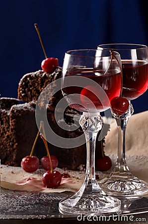 Two glasses with cherry liqueur Stock Photo