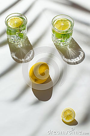 Two glasses of cocktail or water with sliced lemon and mint on white sunlit background with palm tree leaf shadow. Summer Stock Photo