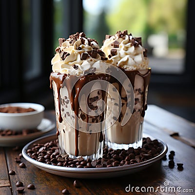 Two glasses of coffee frappe with whipped cream and chocolate on wooden table Stock Photo