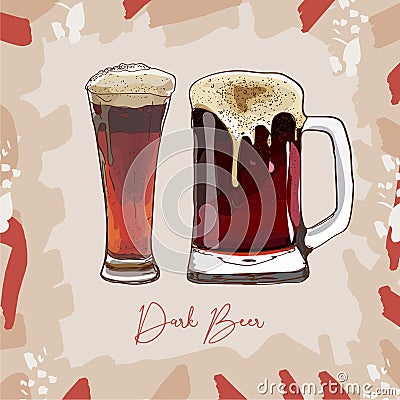 Two glasses of dark beer, hand-drawing oktoberfest beer, beer with foam. Vector drawing Cartoon Illustration