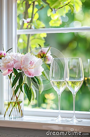 Elegant Peonies and Sparkling Wine Glasses by a Sunny Window Sill Stock Photo