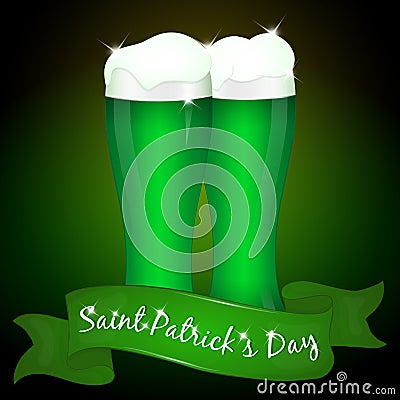 Two glasses of green beer for Saint Patrick`s Day with ribbon. Vector Illustration